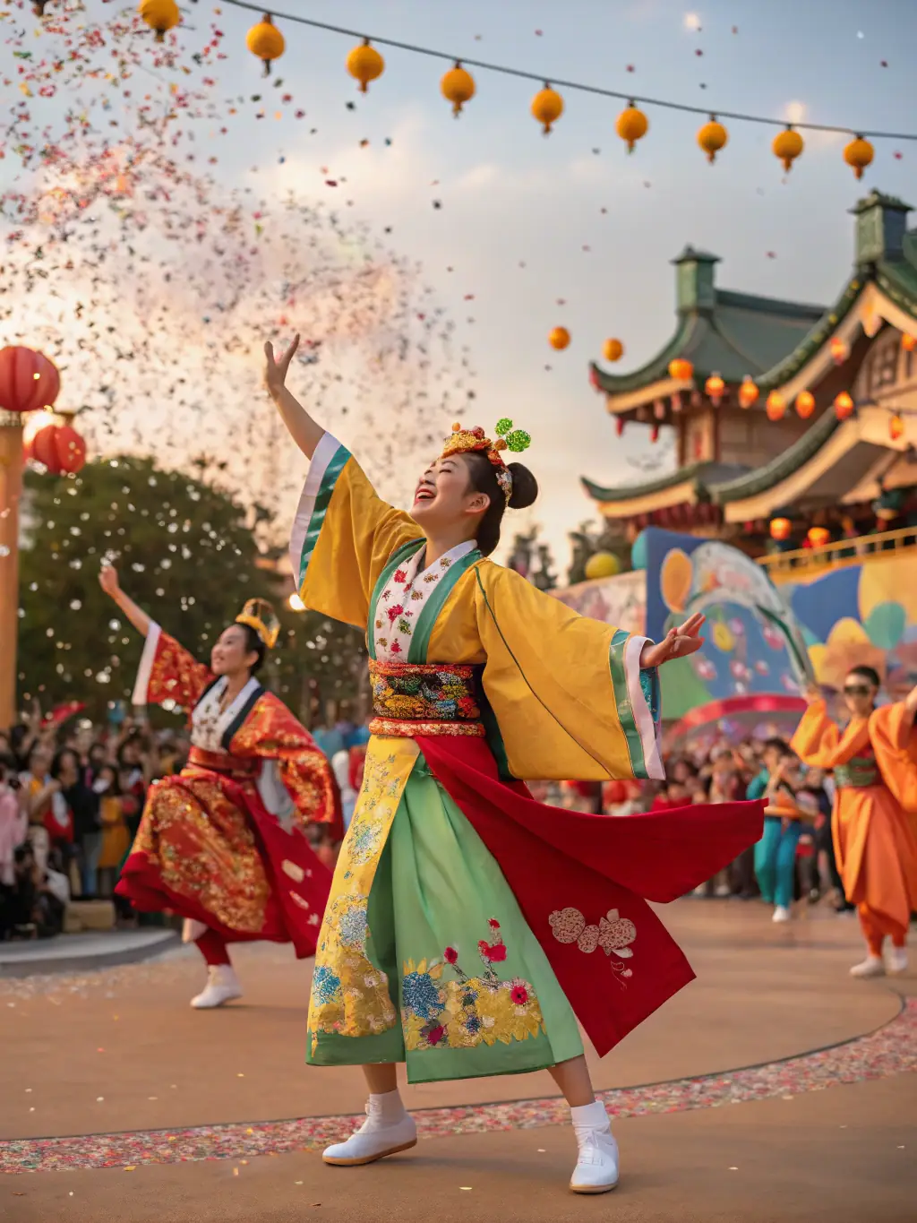 A vibrant image capturing the energy of a REPENTIGNY JUMP multicultural festival, with performers in traditional attire dancing to lively music.