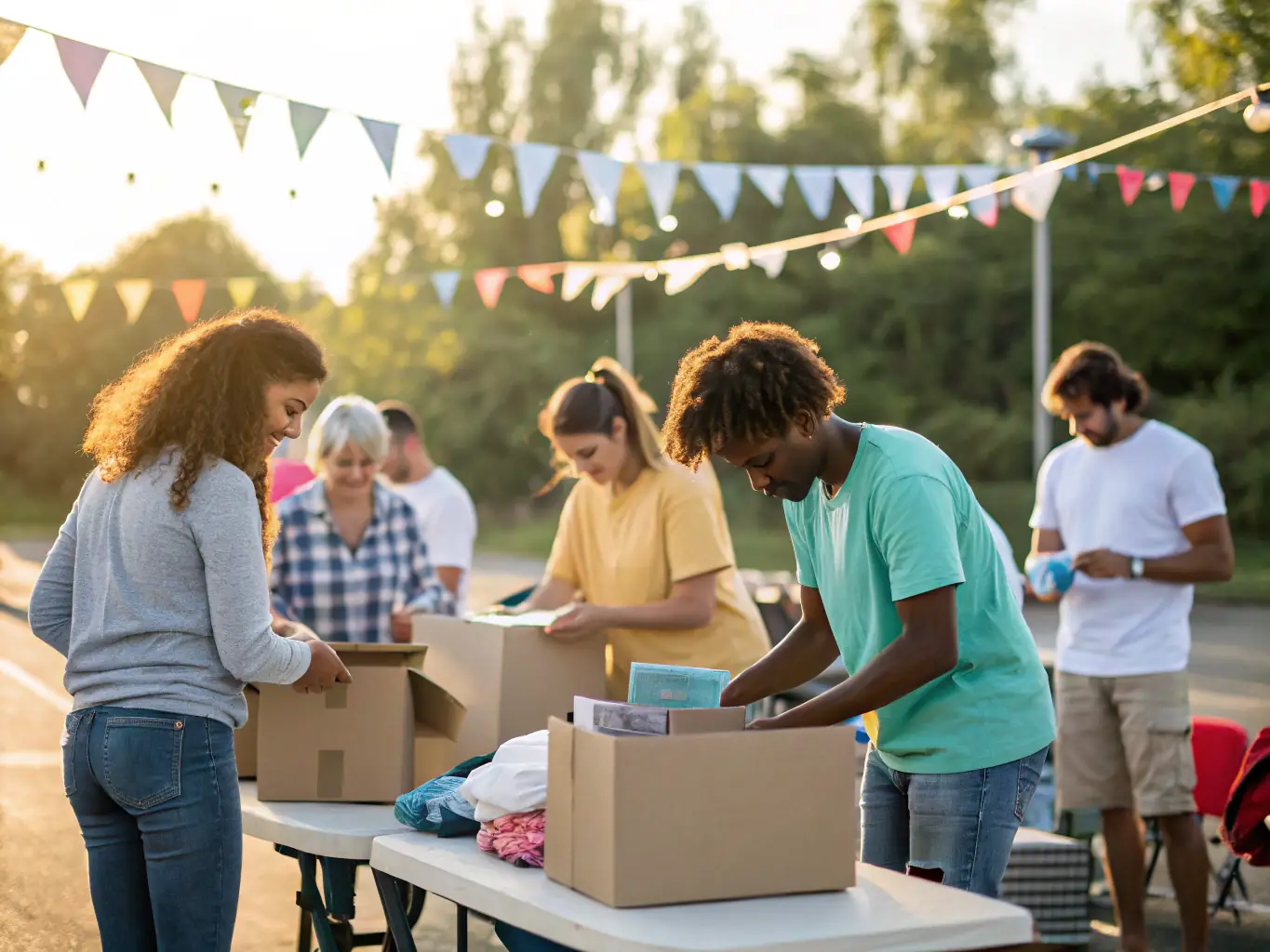 A group of volunteers working together at a REPENTIGNY JUMP event, setting up equipment and assisting participants. The image highlights the organization's reliance on volunteers and their dedication to supporting community events.