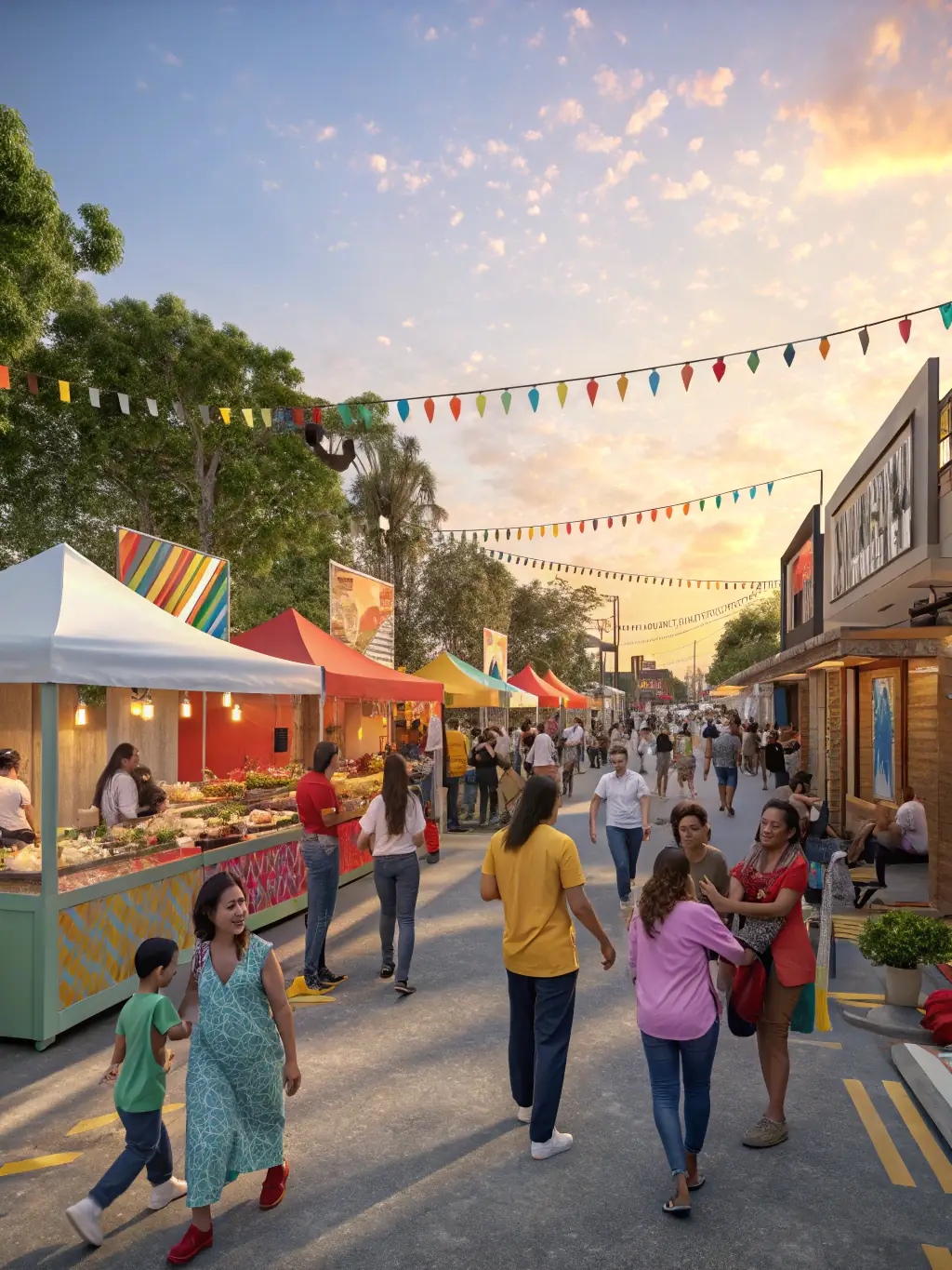 A colorful image of a multicultural festival organized by REPENTIGNY JUMP, featuring diverse food stalls, traditional music performances, and people of all ages enjoying the festivities.